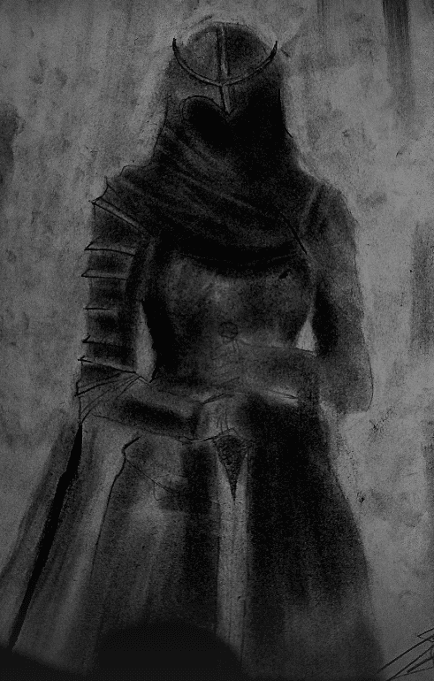Charcoal sketch of an armored knight