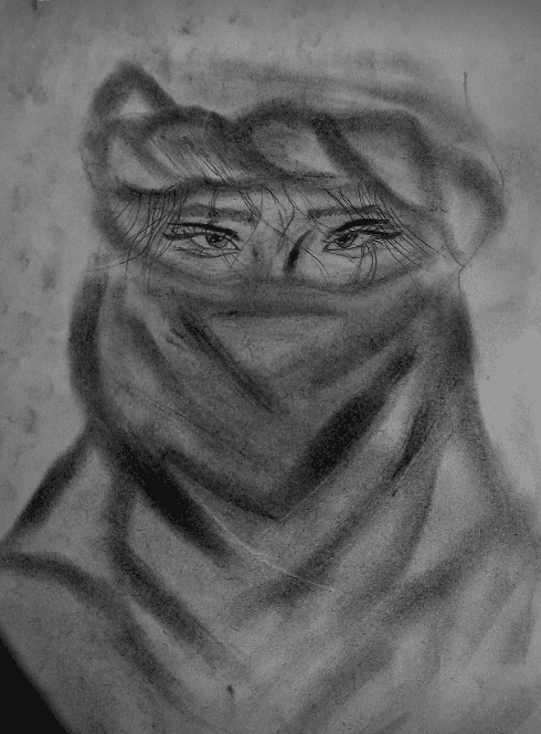 Charcoal sketch of veiled eyes